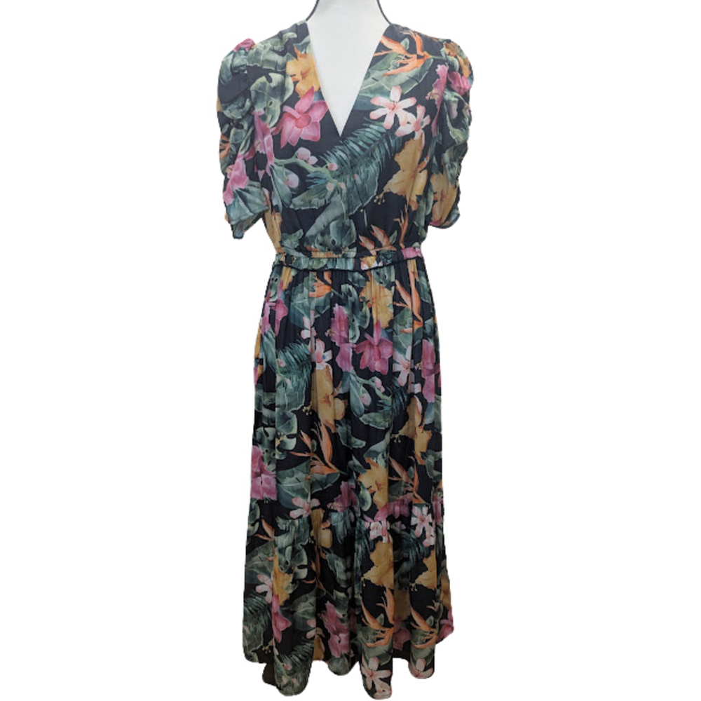Next Floral Midi Dress 6 Tropical Puff Sleeve Wedding Guest V Neck Summer NWT